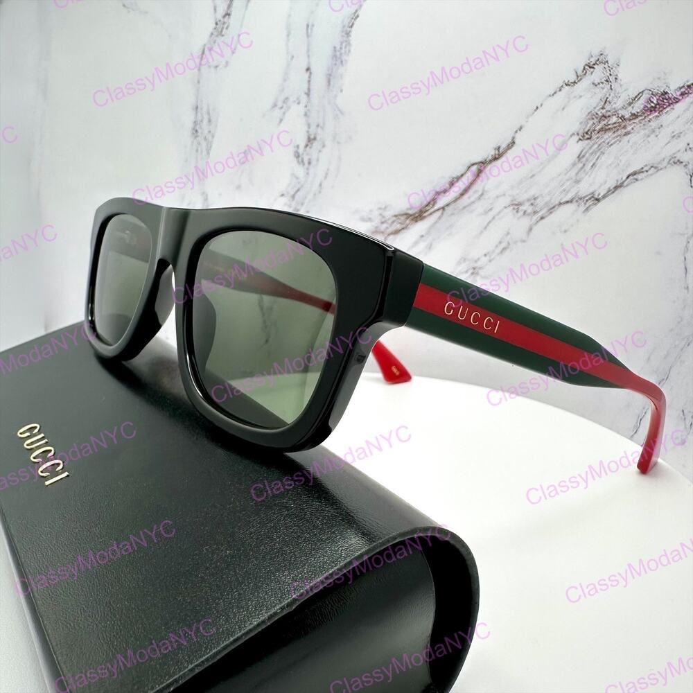 New GUCCI Sunglasses Mens 52mm Black Square Rectangle Aviator Red Green Web Arm